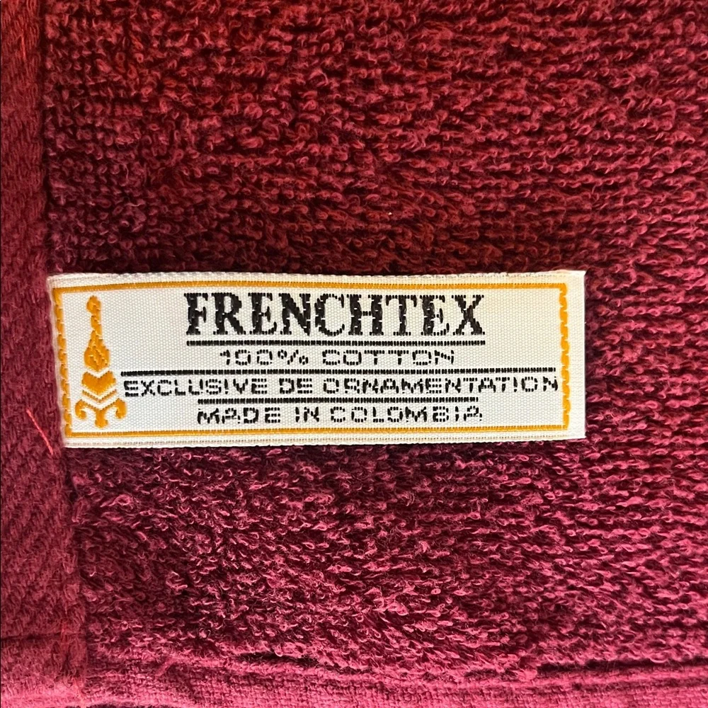 Frenchtex - Plush Embroidered Bath Towel - Burgundy with Ivory Accent set of 2